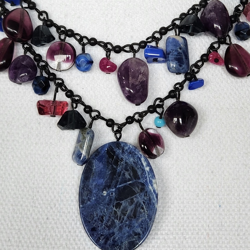 Chico's 2 Layer Chain Necklace Sodalite Pendant Blue & Purple Stones Black Chain